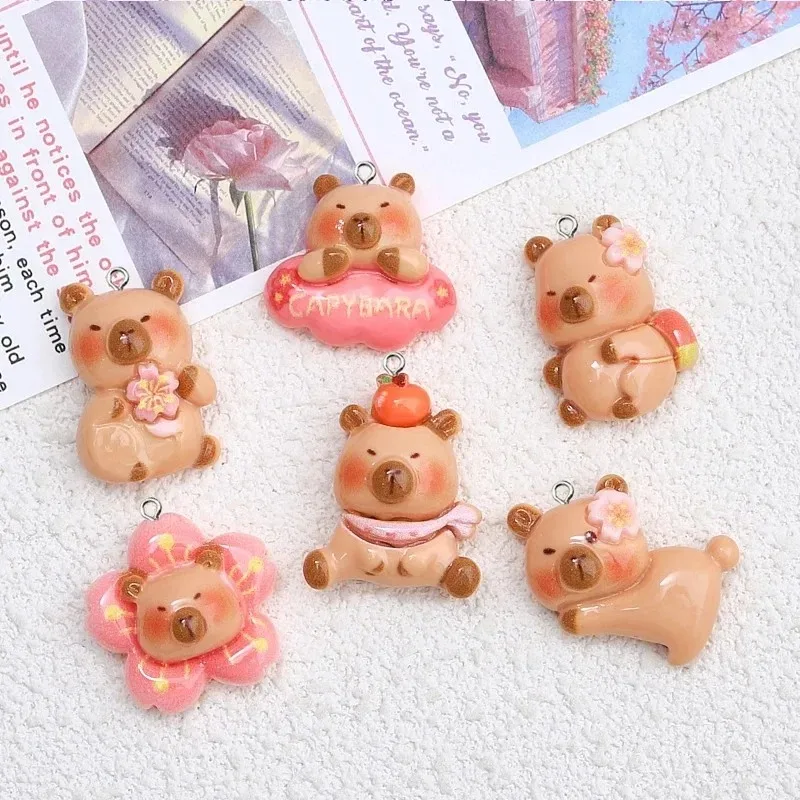 10Pcs Glossy Flatback Resin Charms Kawaii Capybara Fruit Cartoon Pendants Cherry Orange Design for DIY Earrings Keychains Jewelr