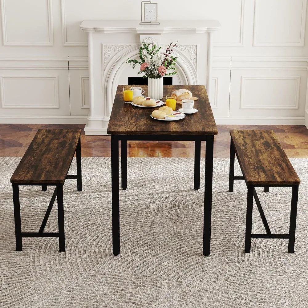 

Dining Table Set for 4, Kitchen Table with 2 Benches, 3-Piece Wood Dining Room Furniture Dinette Chairs Sets for Breakfast Nook