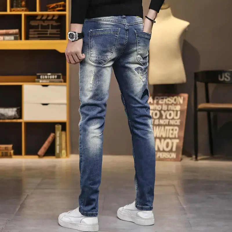 

Korea Version Men’s Beggar Style Dirty Blue Jeans,Stylish Slim Ripped Jeans,High Quality Printing Jeans,Sexy Street Jeans;