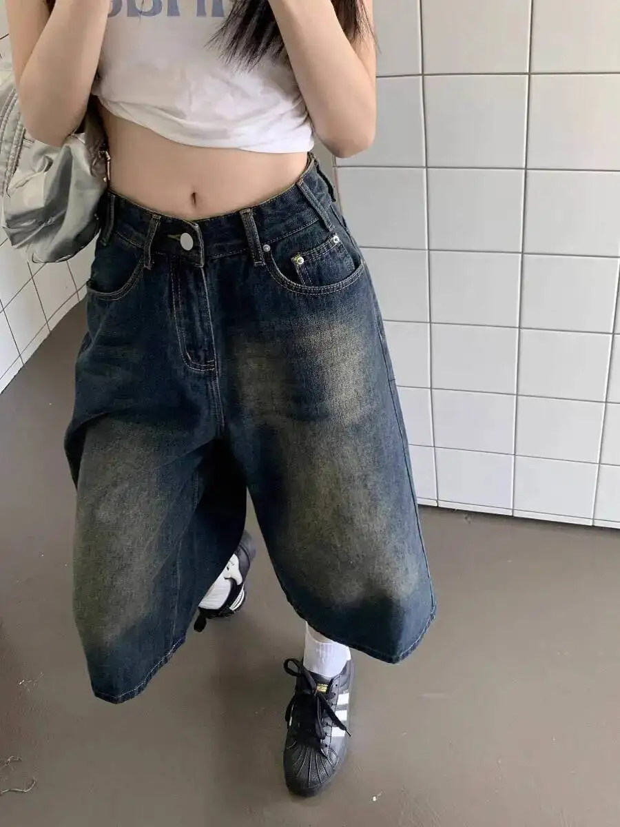 

Women's Jeans Shorts Vintage Washed High-Waist Wide-Leg Jeans Shorts Length Loose Casual Denim Pants For Summer Streetwear