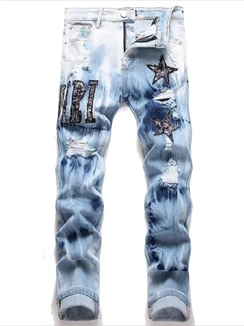 Y2K Star Embroidery Broken Hole Jeans Tie Dyed  Light Blue Cotton Stretch Streetwear Fashion Brand Men's Skinny Denim Pants