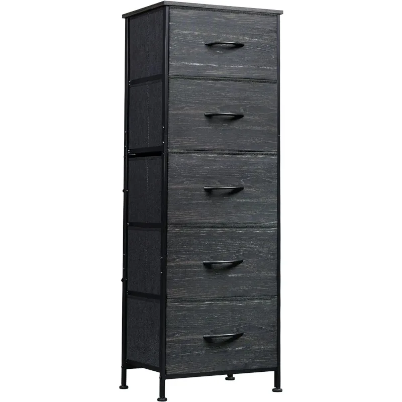 5-Drawer Tall Dresser for Bedroom, Storage Dresser Organizer with Fabric Bins, Wood Top, Sturdy Steel Frame, Chest of Drawers