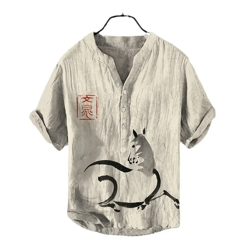 2024 New Short Sleeve Shirt 3D Printed Bamboo Linen Casual Loose Pullover Buttoned Shirt