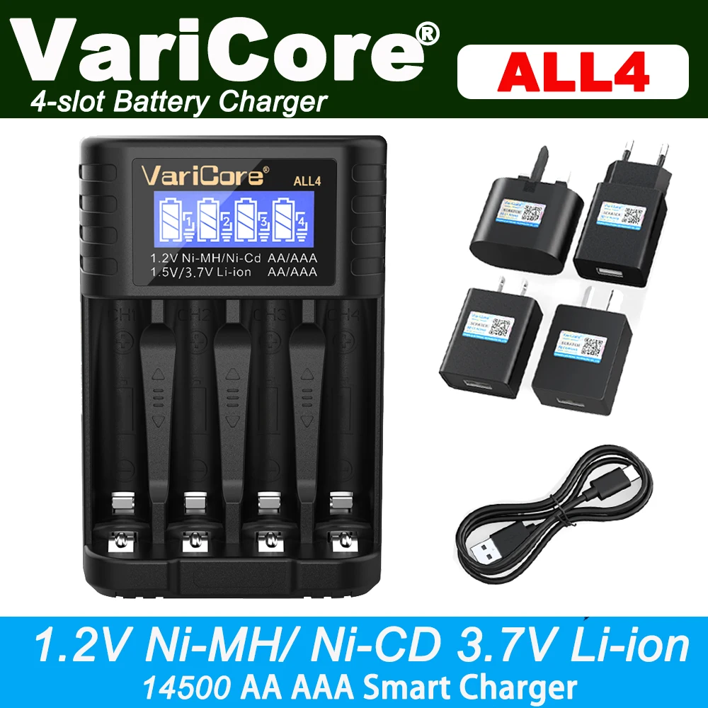 

Умное зарядное устройство VariCore ALL4 с ЖК-дисплеем для AA AAA 1,2 В Ni-MH Ni-cd 1,5 В, литиевая батарея 3,7 В, 14500, зарядные элементы, 4 слота