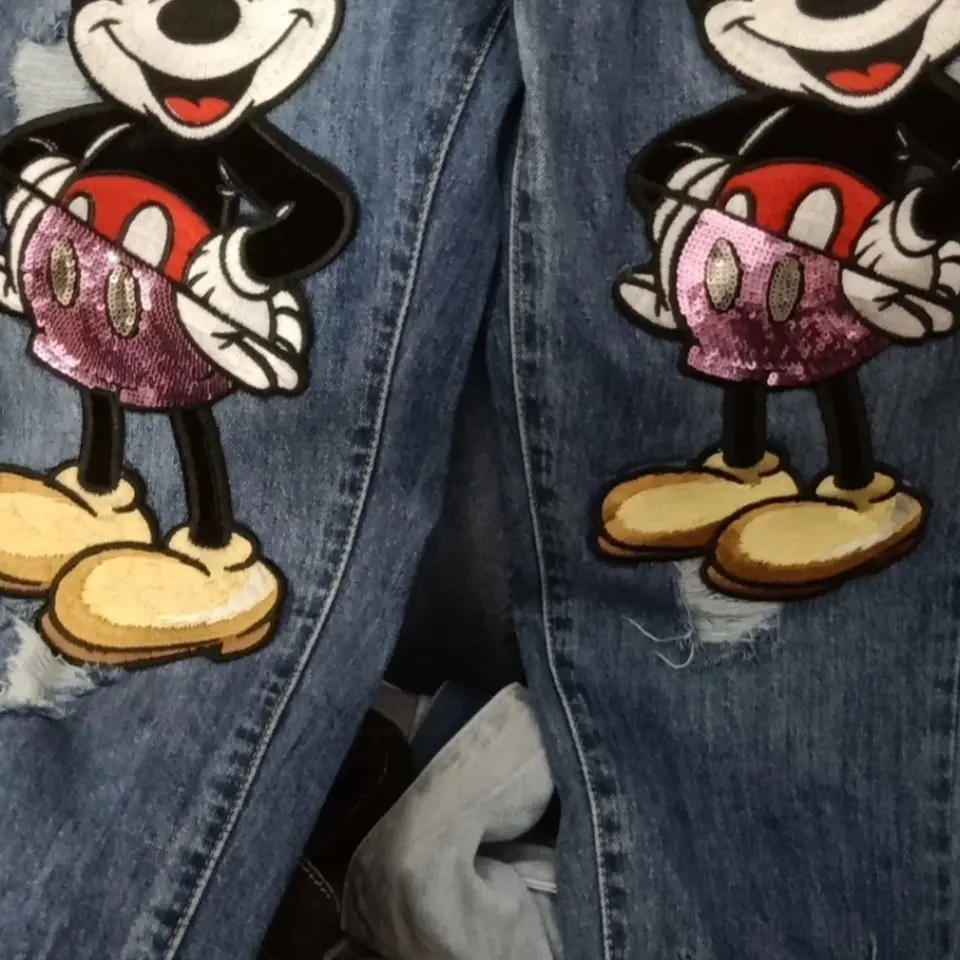 Celana longgar bergaya Mickey lucu kartun Disney untuk wanita, celana denim lurus ramping bersulam musim semi dan musim gugur yang baru, hadiah.