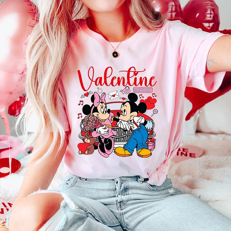 Disney Mickey Minnie Valentines Print Women's T-Shirt Cotton Short Sleeve Casual Top Holiday Gift