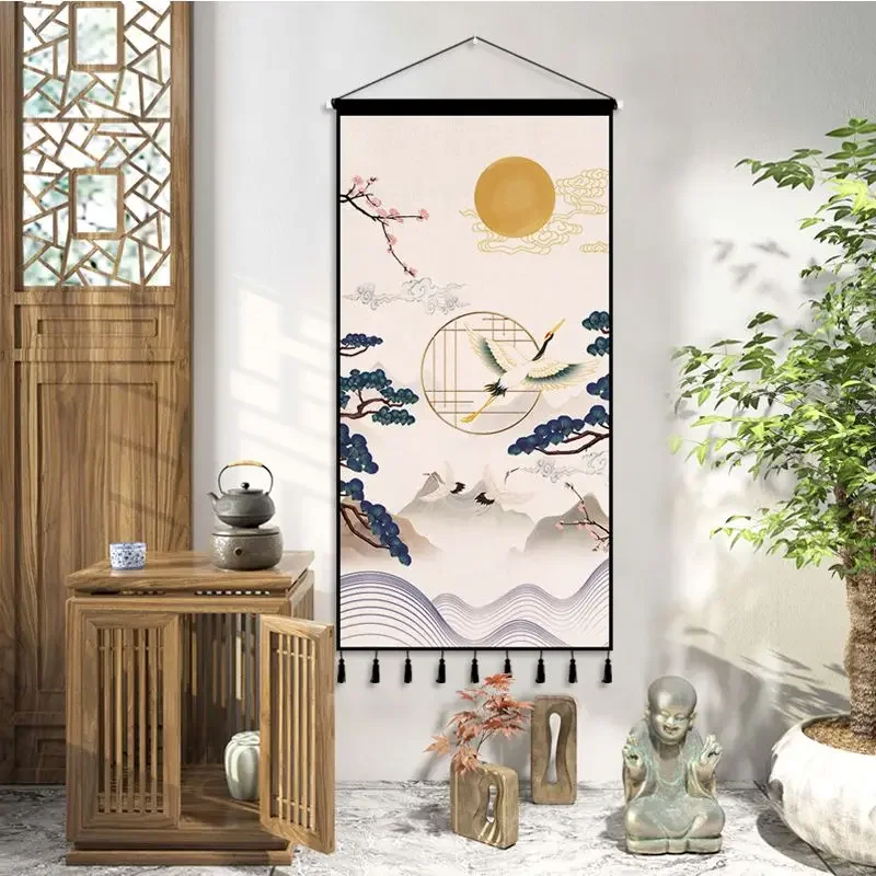 Chinese Style Red-crowned Crane Fabric Decorative Painting Tapestry Living Room Vertical Hanging Cloth Room Decor Aesthetic