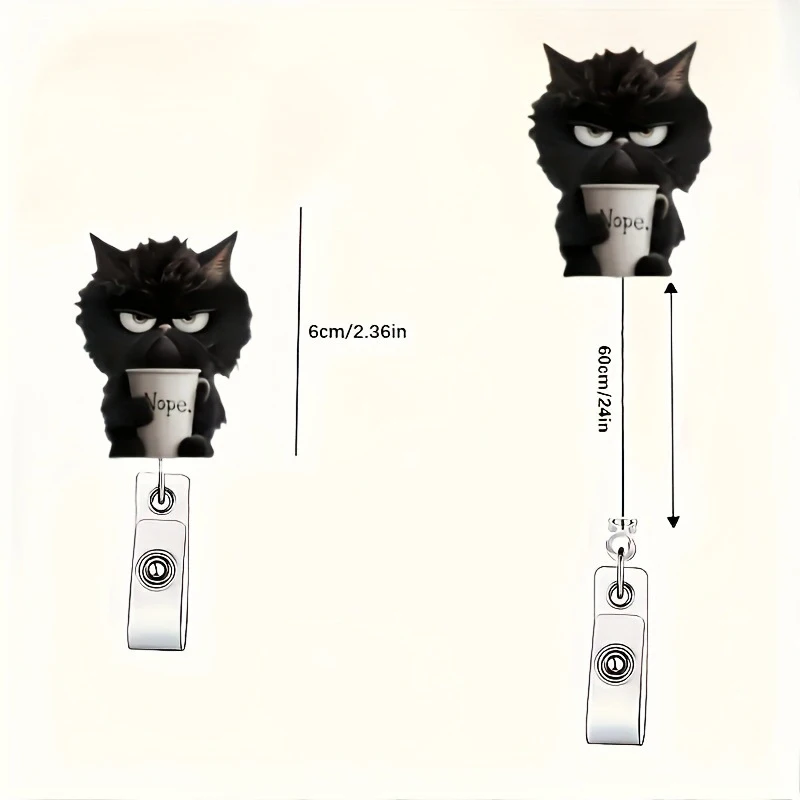 Zabawny klips do identyfikatora z czarnym kotem i kawą, wielofunkcyjne ozdoby, uroczy kreskówkowy kotek 2D z płaskiego akrylu, odpowiedni do samochodów, toreb.