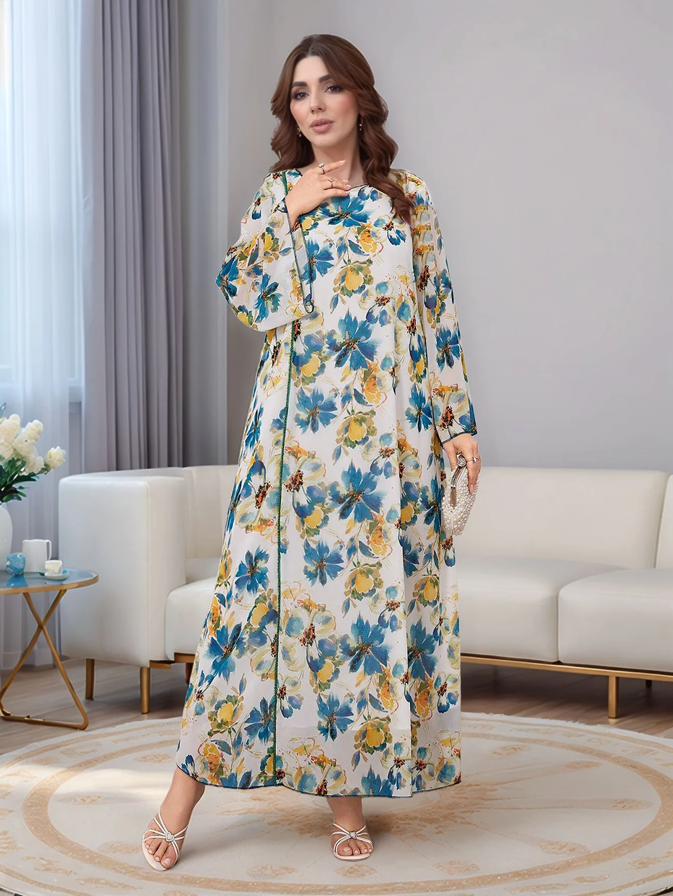 

Ид женское платье с принтом мусульманская Абая с бисером Vestidos Largos кафтан арабский халат с длинным рукавом Джалабия Рамадан элегантные платья 2025