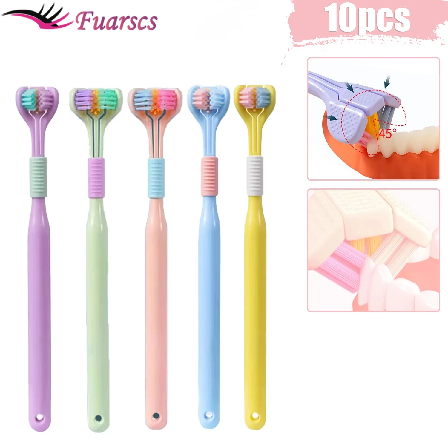 10PCS Three-Sided Toothbrush Soft Bristle 360 Degree Adult Toothbrush Tongue Scraper Deep Cleaning Oral Care Teeth Brush