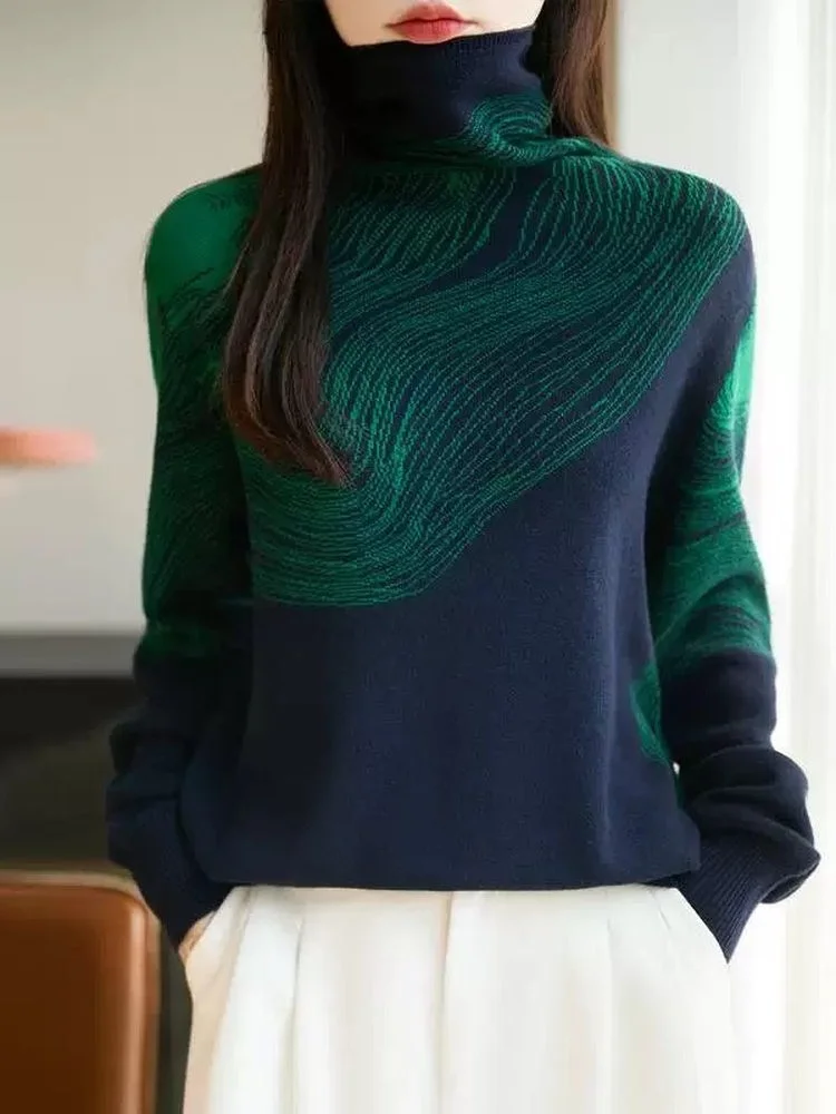 Maglione di lana alto autunno inverno donna sciolto lungo Sve Color Blo Base irt interno trendy confortevole caldo top lavorato a maglia