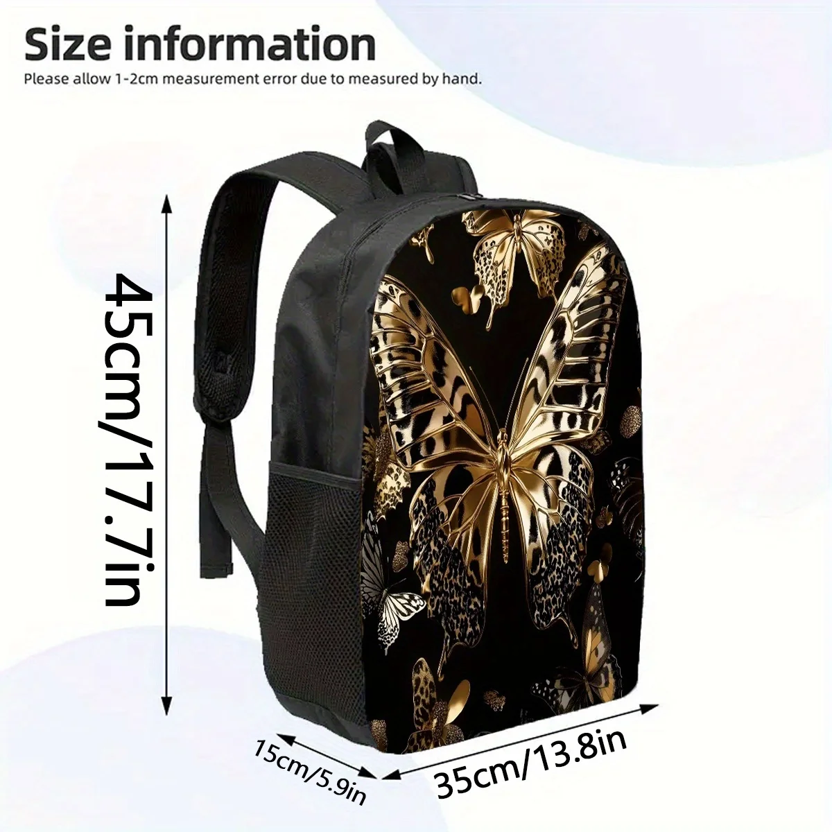

1pc Stylish 43.18cm Butterfly Backpack with Golden & Black Design - Durable, Lightweight, Adjustable Shoulder Straps, Laptop Com