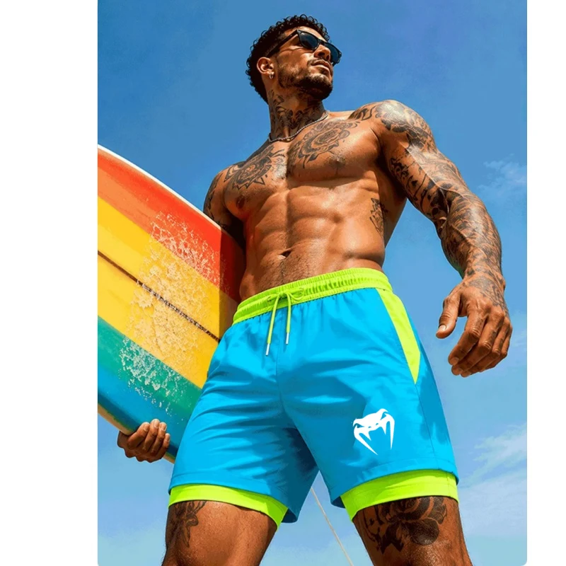 2026 New Men'S Quick-Dry Swimming Shorts Snake Head Print Fitness Beach Surf Running Sports Shorts Double Layered