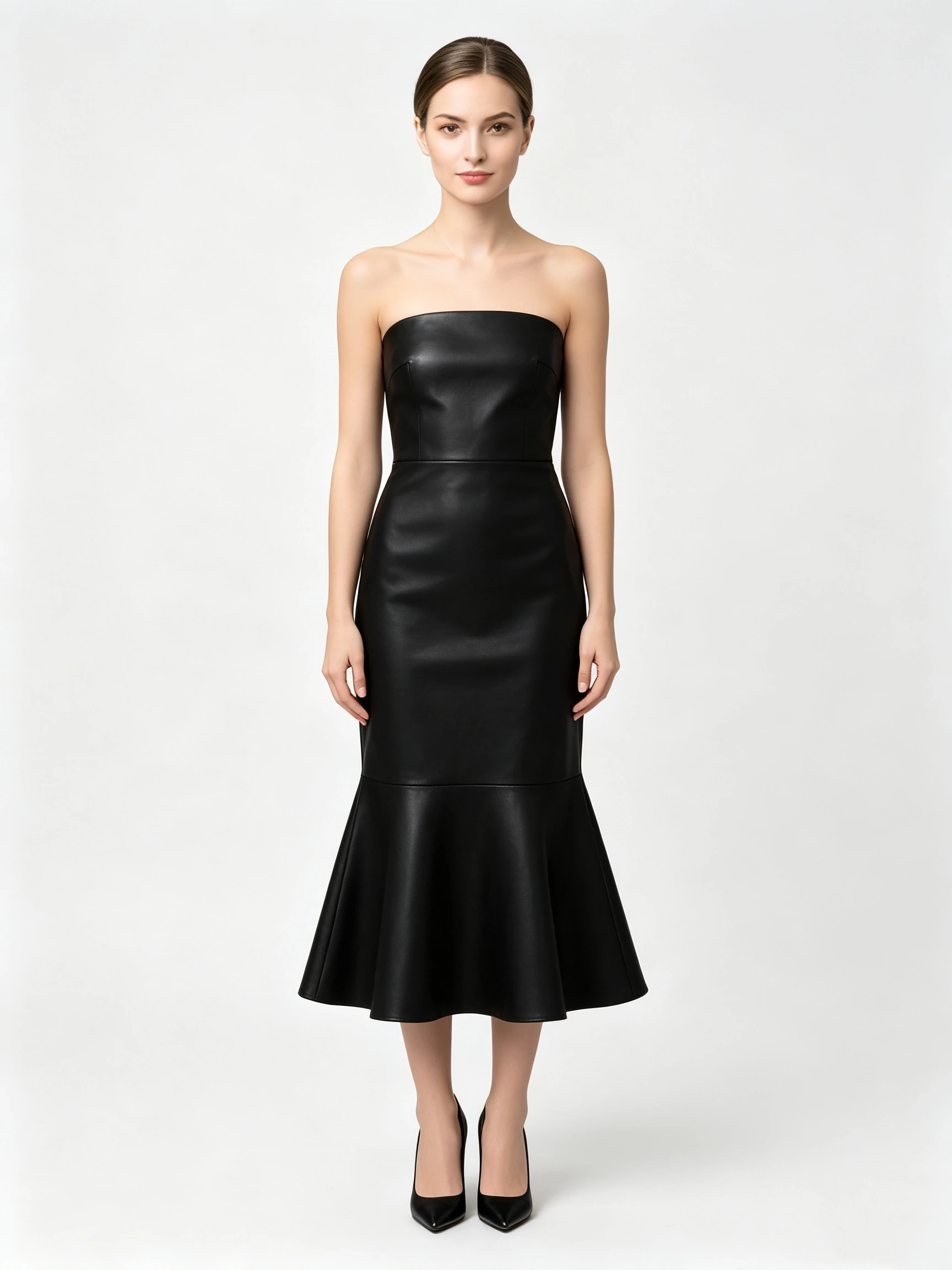 Women's Faux Leather Strapless Midi Dress with Mermaid Hem and Structured Bodice