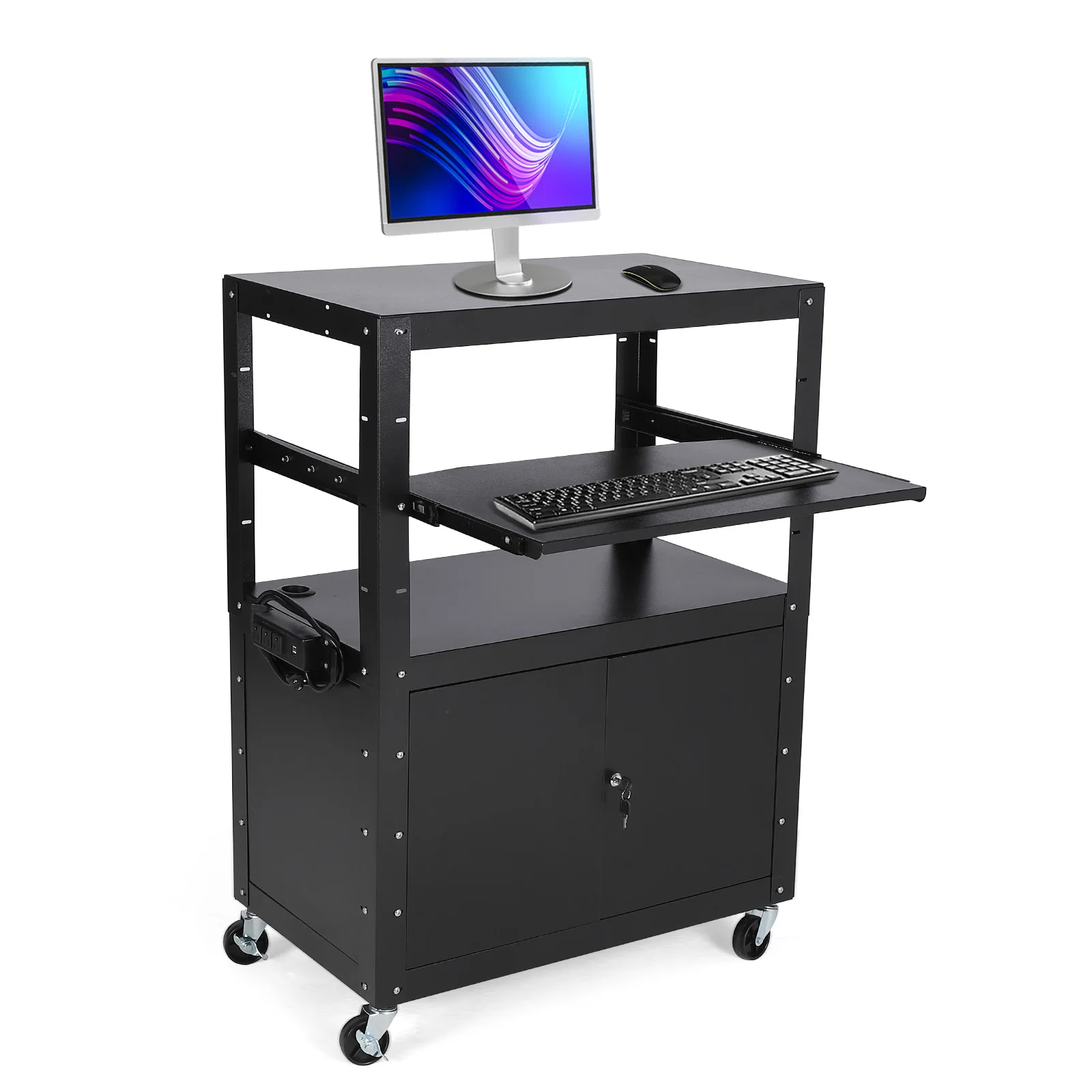 Av Cart with Keyboard Tary and Locking Cabinet,350 Lbs Max Capacity Height Adjustable Laptop Cart,Utility Cart and Pullout Tray