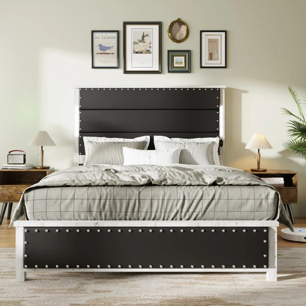 Bed Frame with Upholstered Headboard & Charging Station & LED Lights, Wood Slats, Faux Leather & Rivets, No Box Spring Needed