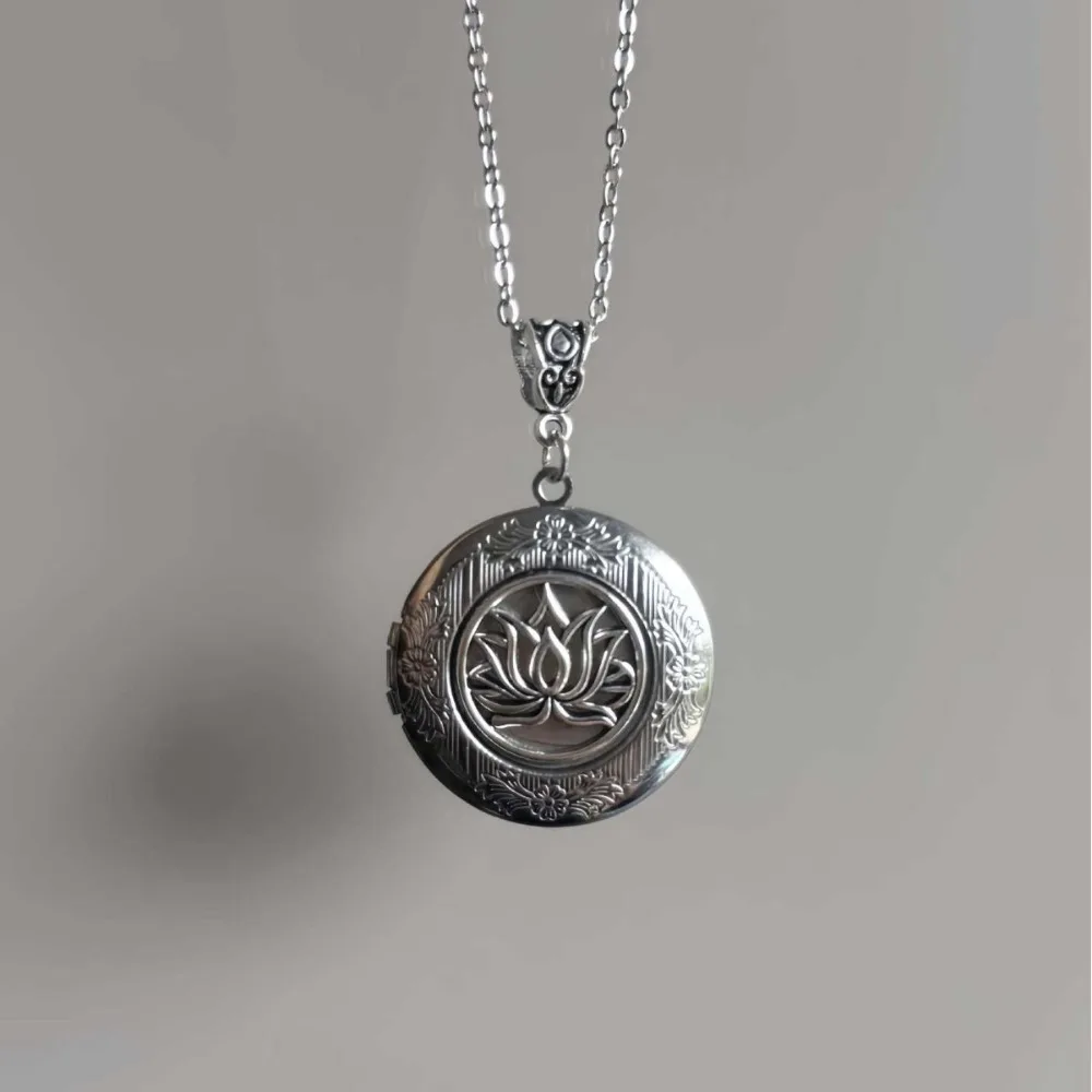 Creative Retro Silver Color Lotus Flower Relief Circular Photo Box Pendant Necklace for Women Fashion Stainless Steel Jewelry image 3