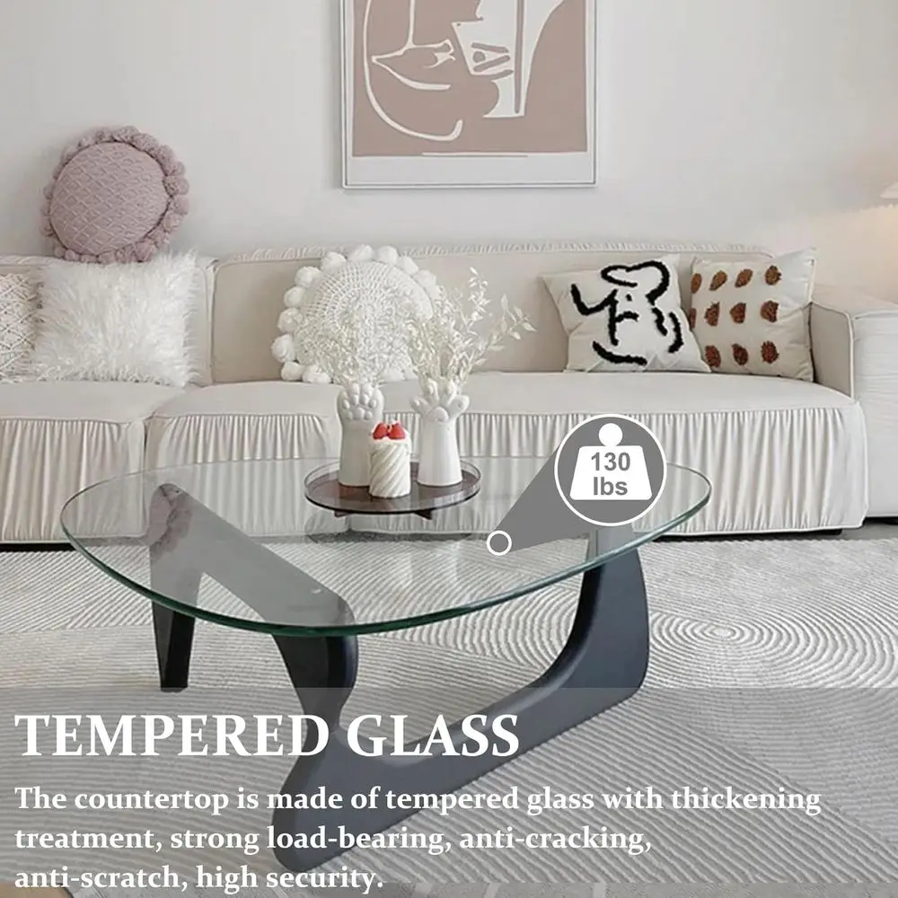 طاولة قهوة على شكل زجاجي مثلث مع قاعدة من الخشب الطبيعي لمساحات المعيشة والمكاتب (أسود/بني، متوسط، 35.8 × 25.5 × 16 بوصة)