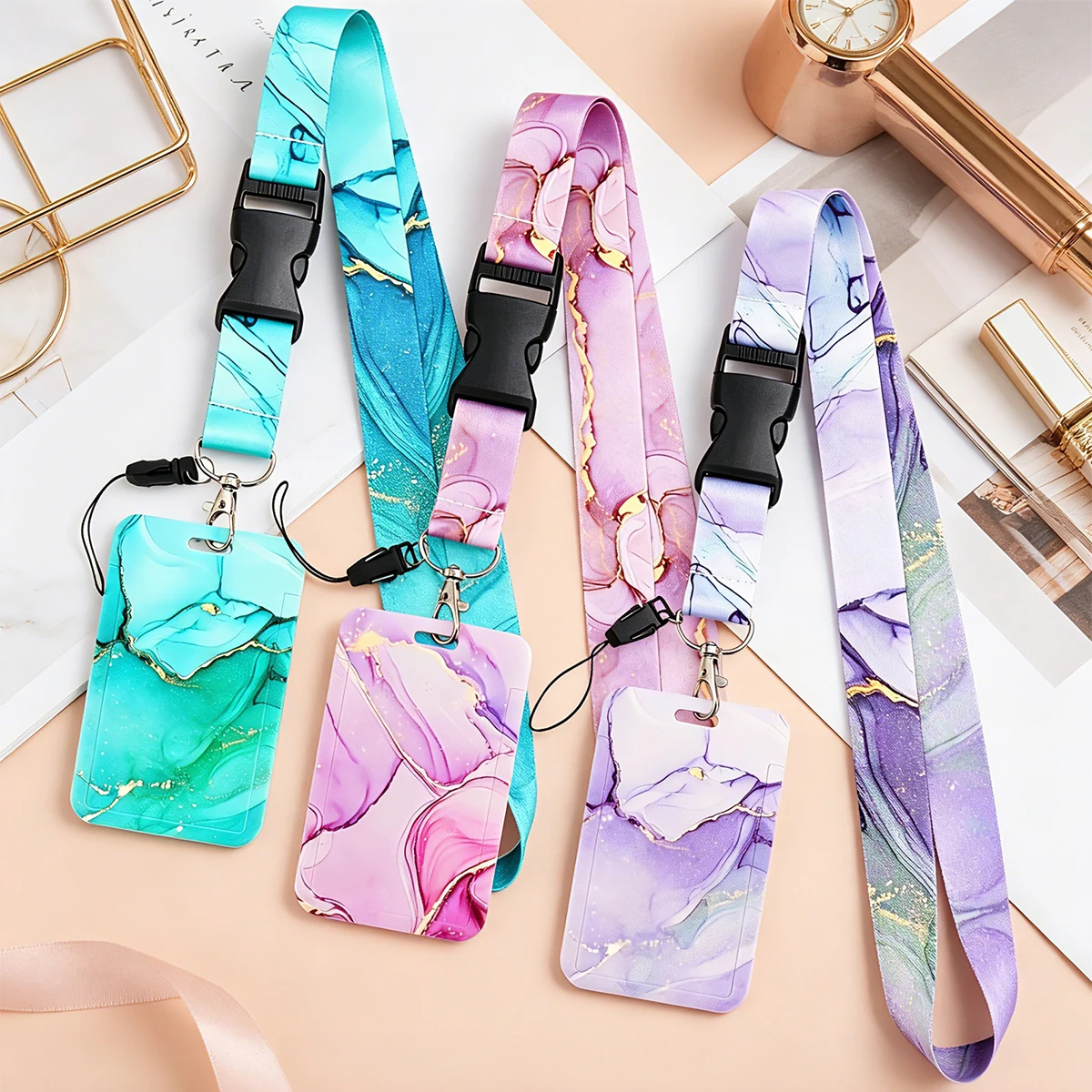 1pc Cute Marble Pattern Teacher Lanyard with ID Badge Holder Neck Strap Lanyard for Keys ID Cards Office School Use