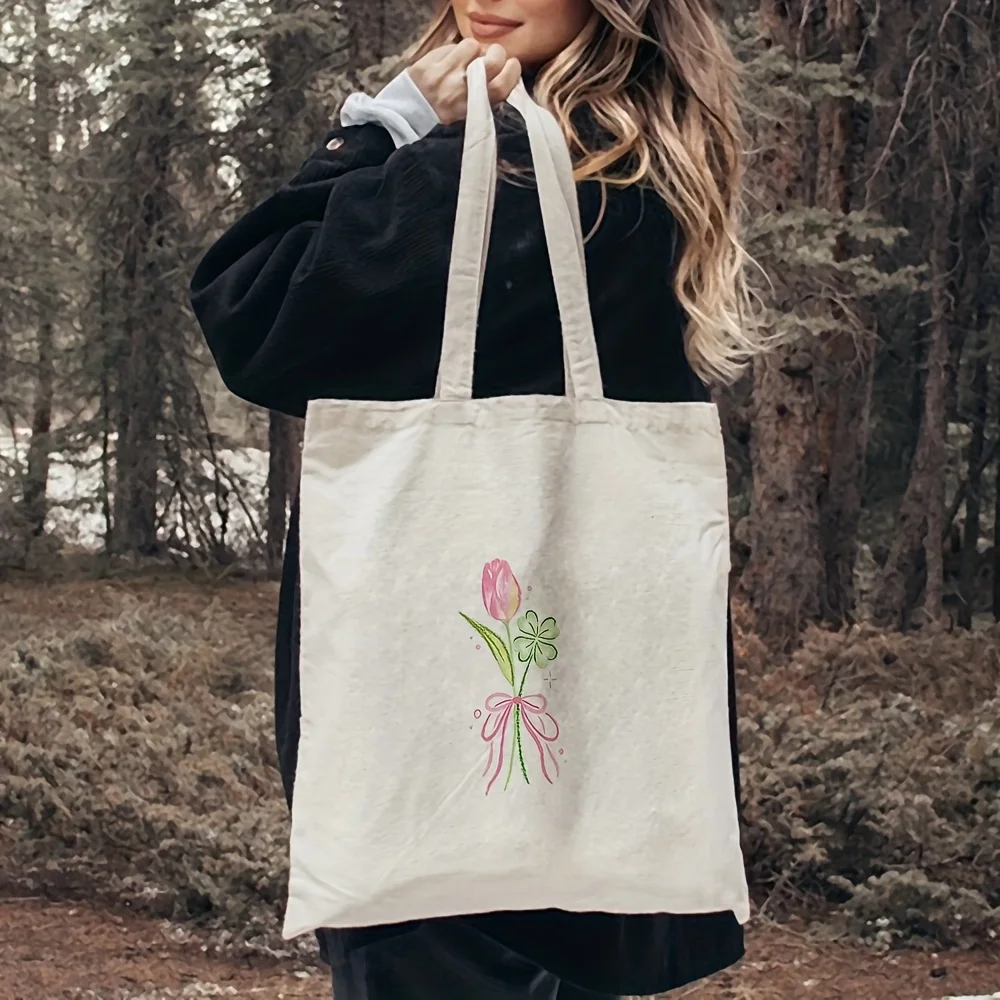 1pc, Pink Tulip and Shamrock Canvas Tote Bag Grocery Bags (35.05cm x 40.13cm), Stylish Shopping Bag for Daily Use, Commuting, Be