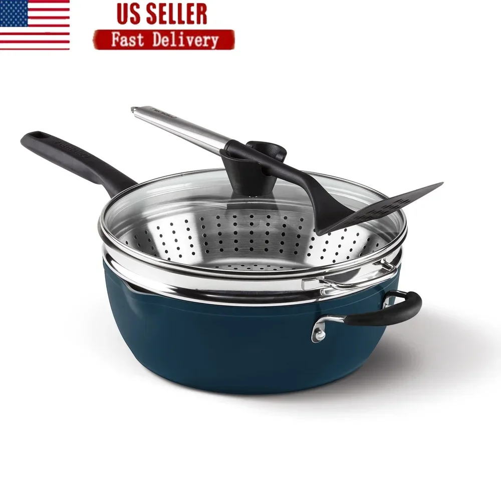 

Versatile Nonstick 4.5 Qt Multi-Purpose Cooking Pan with Lid and Steamer Sauté Fry Boil Roast Braise Simmer Induction Safe