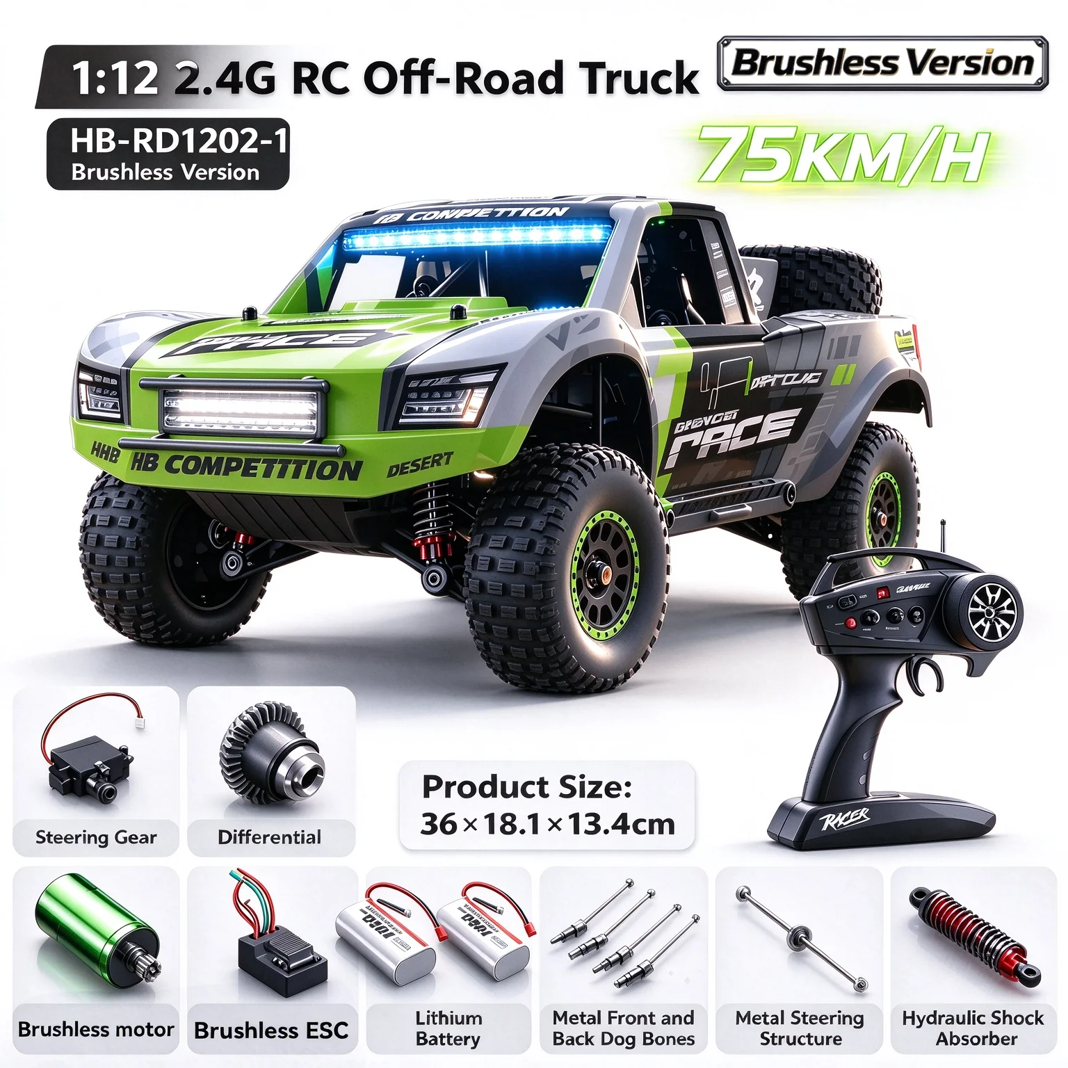 Hb-Rd1201-1204 1:12 Scale 4WD High-Speed Remote Control Car with LED Light 2.4GHz Frequency 45km/h RC Short Truck Toy Model