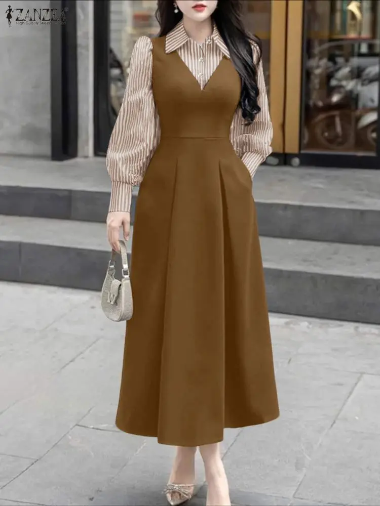 ZANZEA Gestreifte Fake 2-teilige Hemdkleider für Damen, Herbst, langärmelig, lange Maxi-Robe, modisch, elegant, für Büro, Freizeit, Party, Vestidos