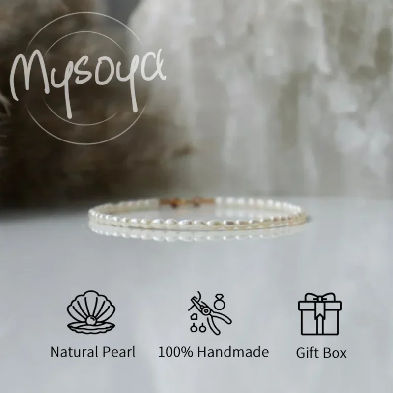 

MYSOYA 3-4mm Natural White Rice Shape Freshwater Pearl Bracelet For Women Men With Gift Box Wedding Birthday Anniversary Gift