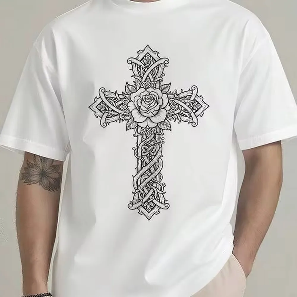 Cross Rose Floral Graphic Print Men T Shirt, Y2K Fashion Digital Printing Crew Neck Short Sleeve Casual Tee Top, Perfect Easter Gift For Family Friends