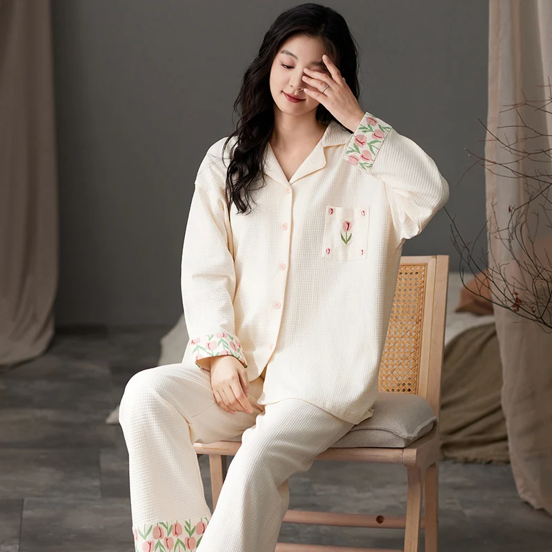 Flower Sweet Pajamas Set Women Cute Kawaii Long Sleeves Long Pants Autumn Winter Girls Sleepwear Cozy Pyjamas Soft Pijamas Pjs