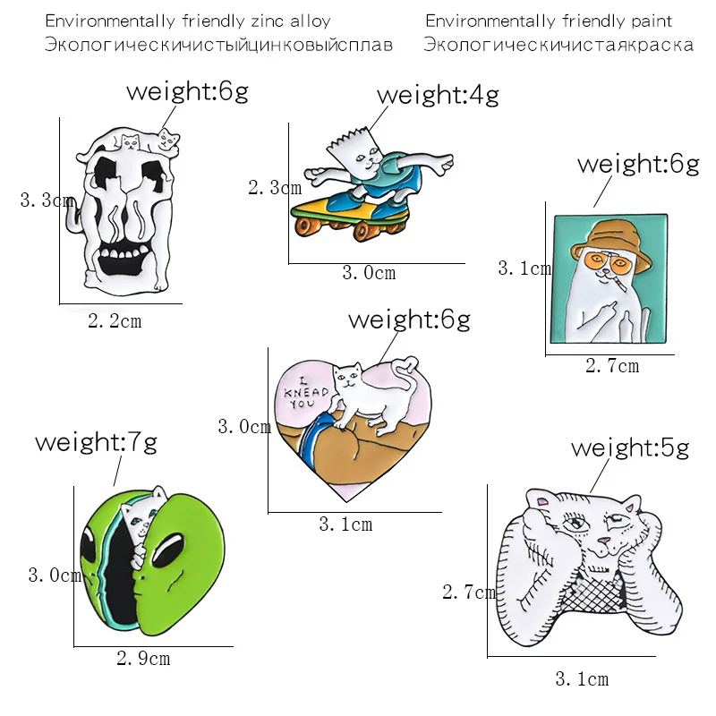 재미있는 스핑크스 고양이 브로치 모델링, 흡연 사고 스케이트보드 고양이 하트 모양 외계인 고양이 에나멜 핀, 고양이 애호가 배지 핀