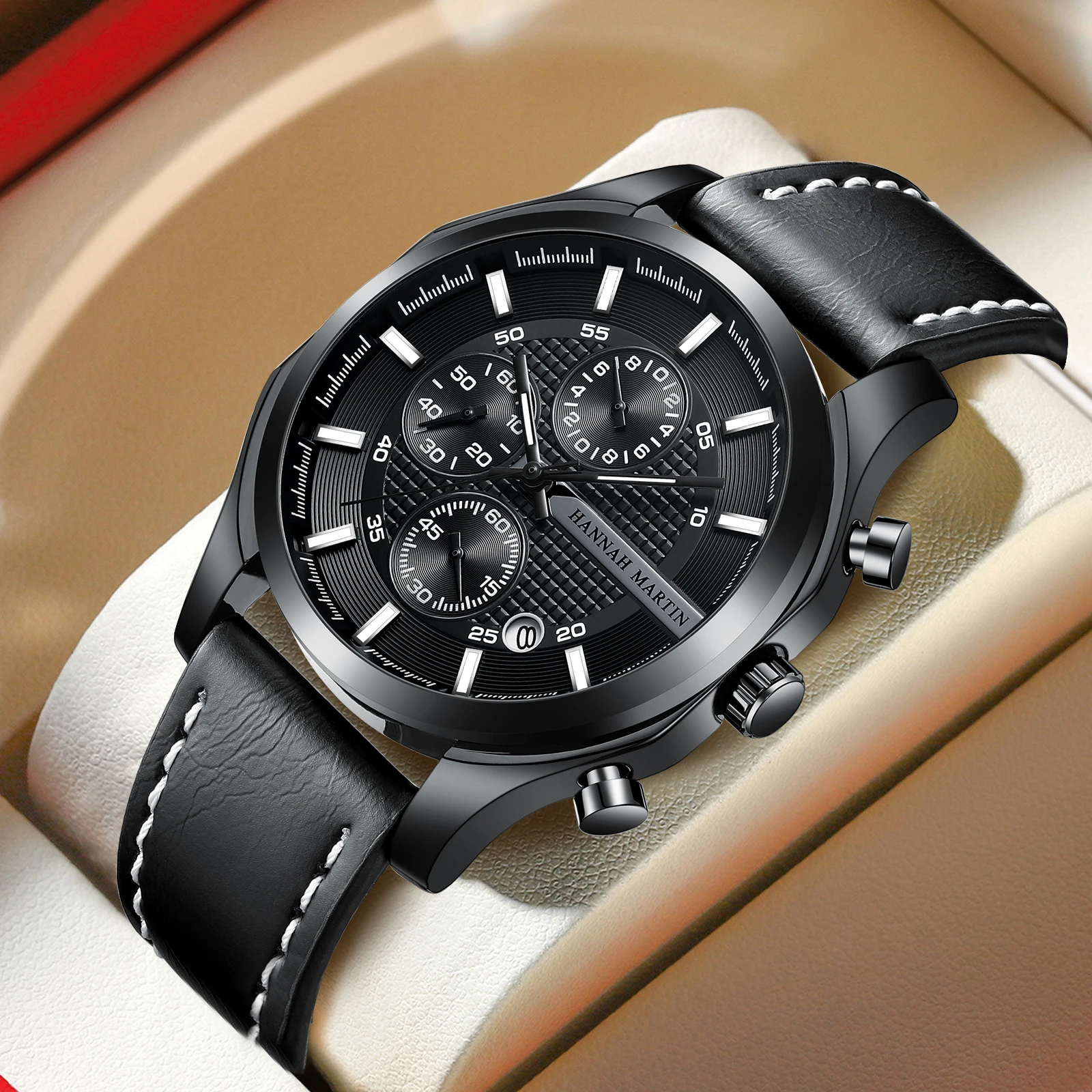 ساعة هانا مارتن للرجال باللون الأسود، جلد رياضي، طراز عسكري 44 ملم، حركة كوارتز متعددة الوظائف، ساعة تقويمية، توقيت للرجال