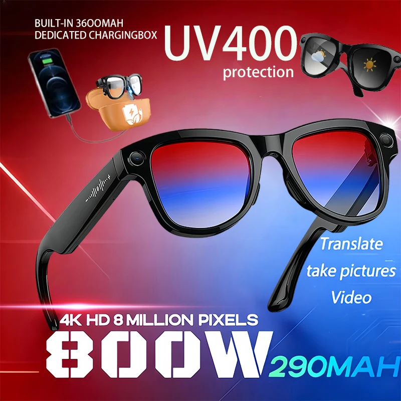 

2026 4K HD AI Smart Glasses 32GB Storage 800MP Camera WiFi Transfer BT Call Chat GPT Voice Assistant with 3600mAh Charging Case