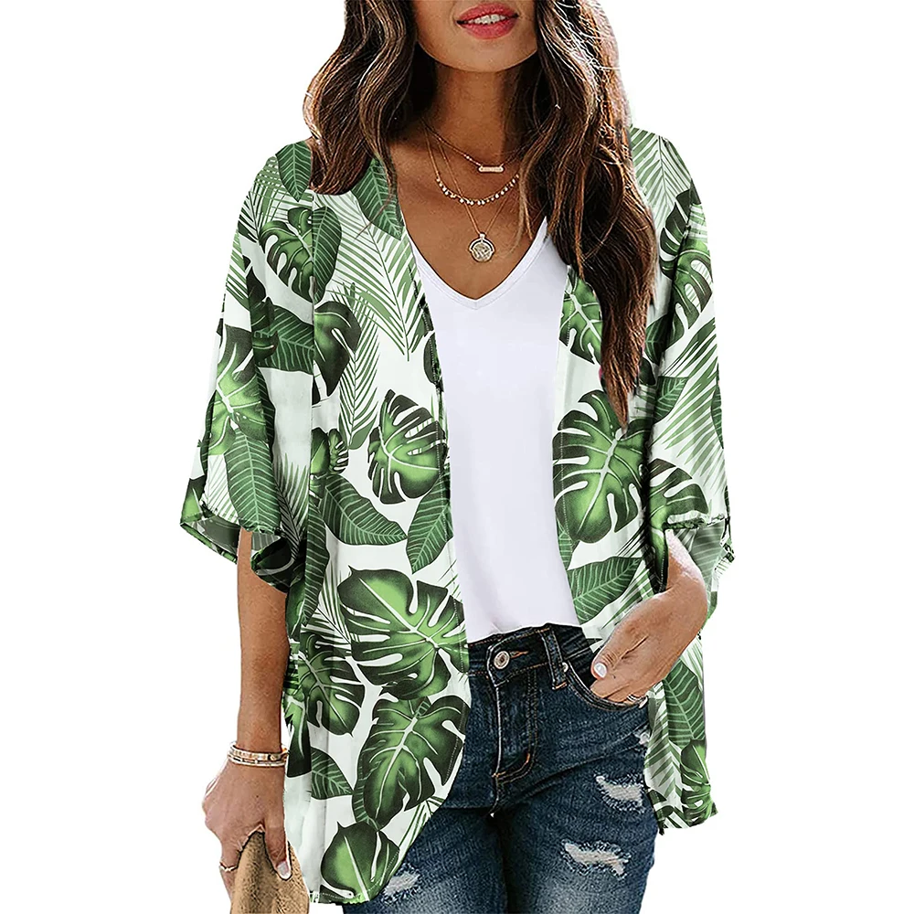 Women Summer Long Flowy Kimono Cardigans Boho Chiffon Floral Beach Cover Micro Bikinis Female Bathing Suit Top Short Sleeve