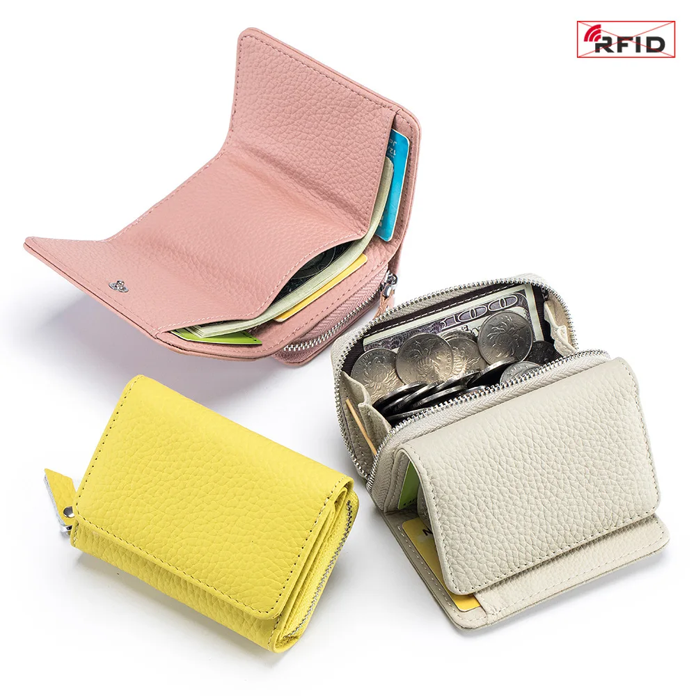 

RFID Solid Color Genuine Leather Wallet for Women, New Fashion Short Card Wallet with Large Capacity and Coin Pocket