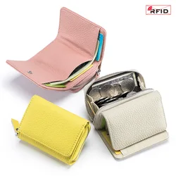 RFID-cartera de piel auténtica para mujer, cartera corta de gran capacidad y bolsillo para monedas, Color sólido, nueva moda