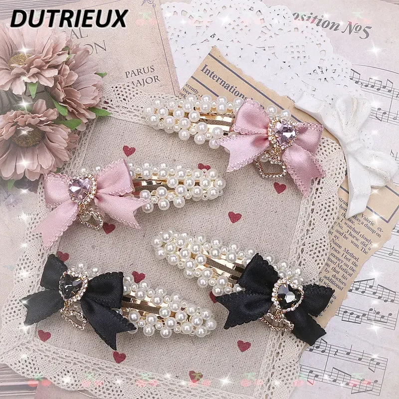 Hair Accessories for Girl Japanese Style Sweet and Cute Women\'s Headwear Pearl Bow Rhinestone Hairclips Side Clip