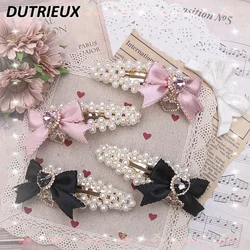 Hair Accessories for Girl Japanese Style Sweet and Cute Women's Headwear Pearl Bow Rhinestone Hairclips Side Clip