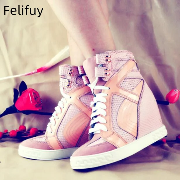 Luxury Height Increasing Patchwork Lace Up Ankle Boots Woman 8CM Wedge Inner Heels Crocodile Real Leather high top cowboy boots