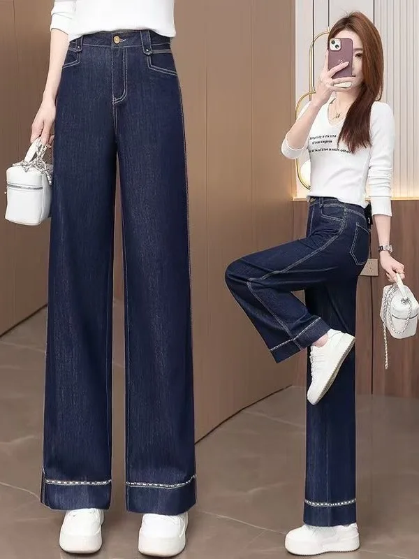 

Прямые широкие джинсы с высокой талией, женские летние новые джинсы Sle Danning, синие шелковые утягивающие драпированные повседневные свободные синие джинсы...