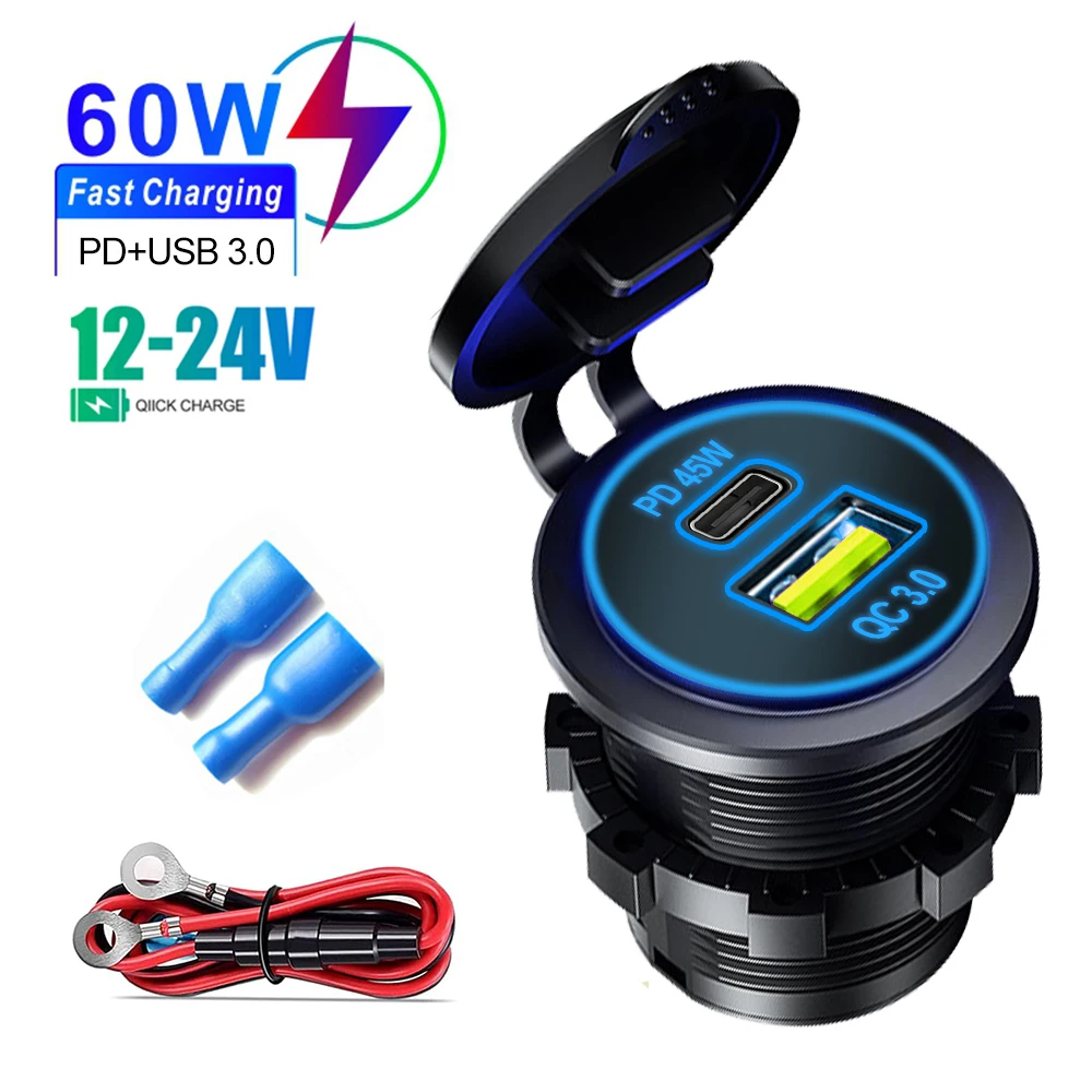 60W Car Charger Socket PD3.0 & QC3.0 Double USB C Ports Fast Charging Waterproof 12V/24V For Car Truck Boat Moto Adapter