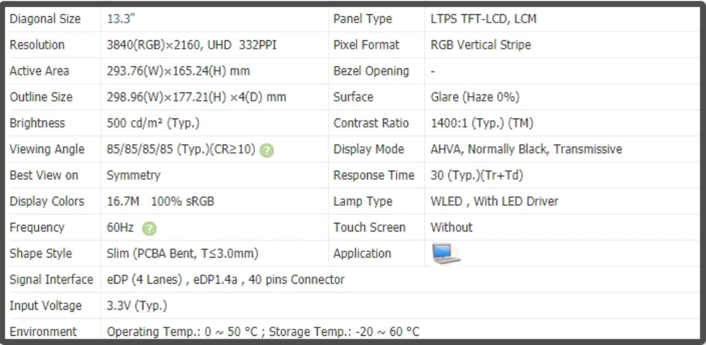 B133ZAN02.2 13.3 inch LCD Screen Display IPS Panel 4K UHD 3840x2160 60Hz Non-touch