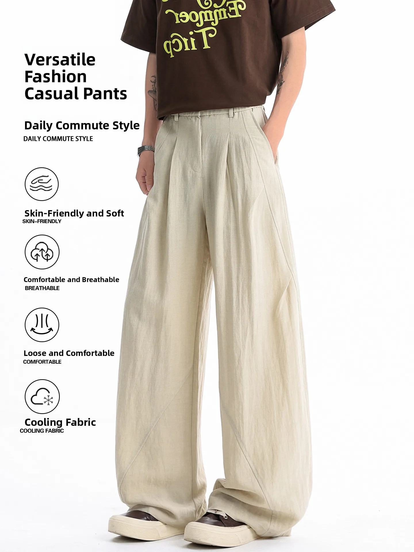 

American Retro Men's Casual Pants Summer Commute Loose Wide Leg Pants Folded Sensation Draping Cool Feeling Breathable