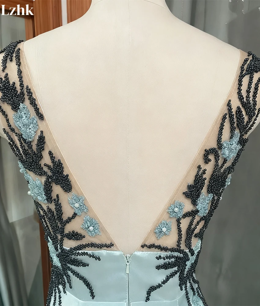 Personalizado sexy cetim a linha apliques miçangas pérolas vestido de noite temperamento com decote em v sem mangas até o chão vestidos de baile