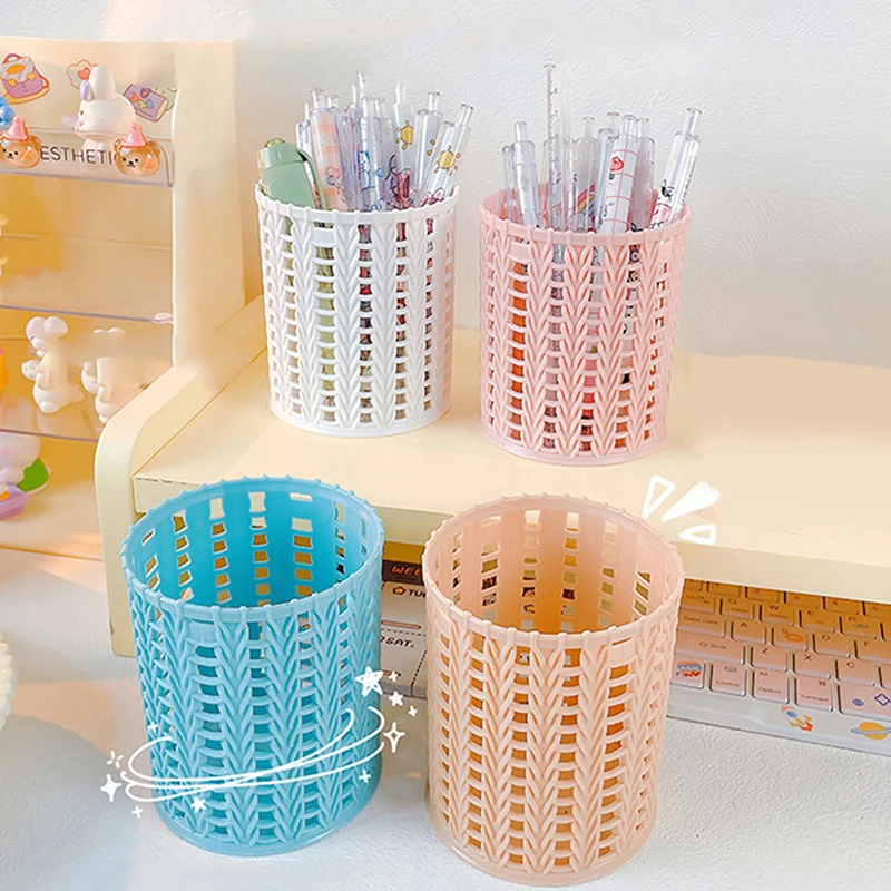 Creative Rattan Plastic Pen Holder Multi-functional Hollow Boxes Desktop Office Stationery Bucket Pencil Container Storage Box