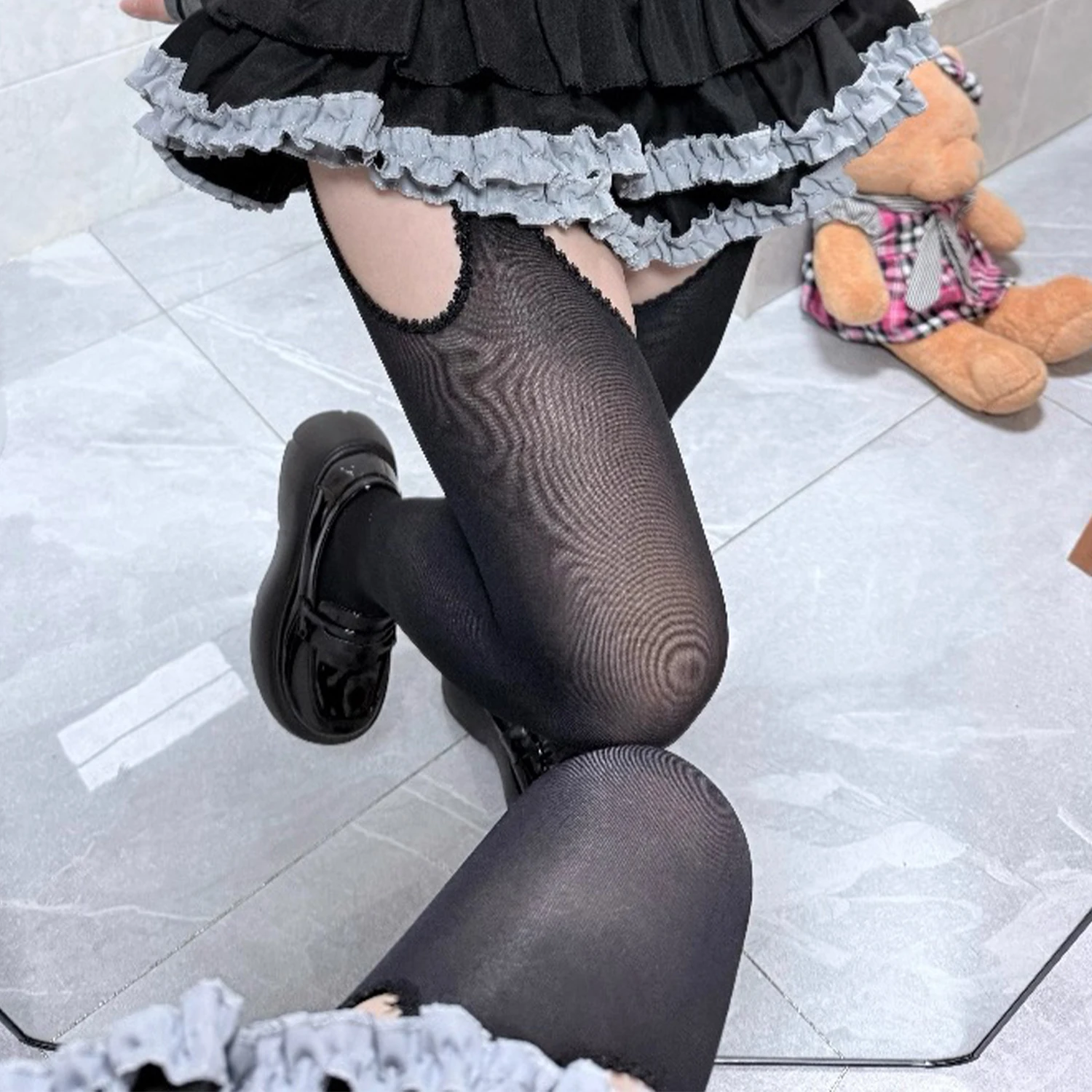 Schwarze Strapsstrümpfe für Damen JK Lolita Y2K Punk Hohe Taille Oberschenkel-Strapsstrümpfe Atmungsaktive Lange Socken – Detail 6