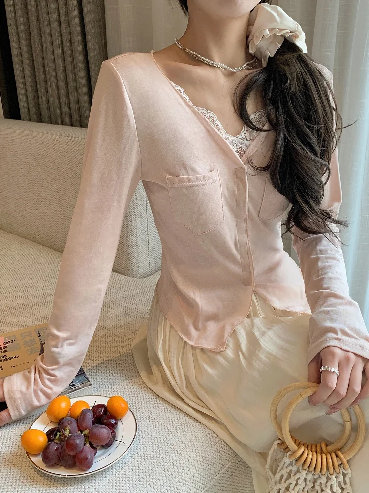 

Faux Two-Piece Pink Lace Splice Chiffon Women's irt Gentle Sle Slimming Small irt Korean Sle Commute Cotton Long S...