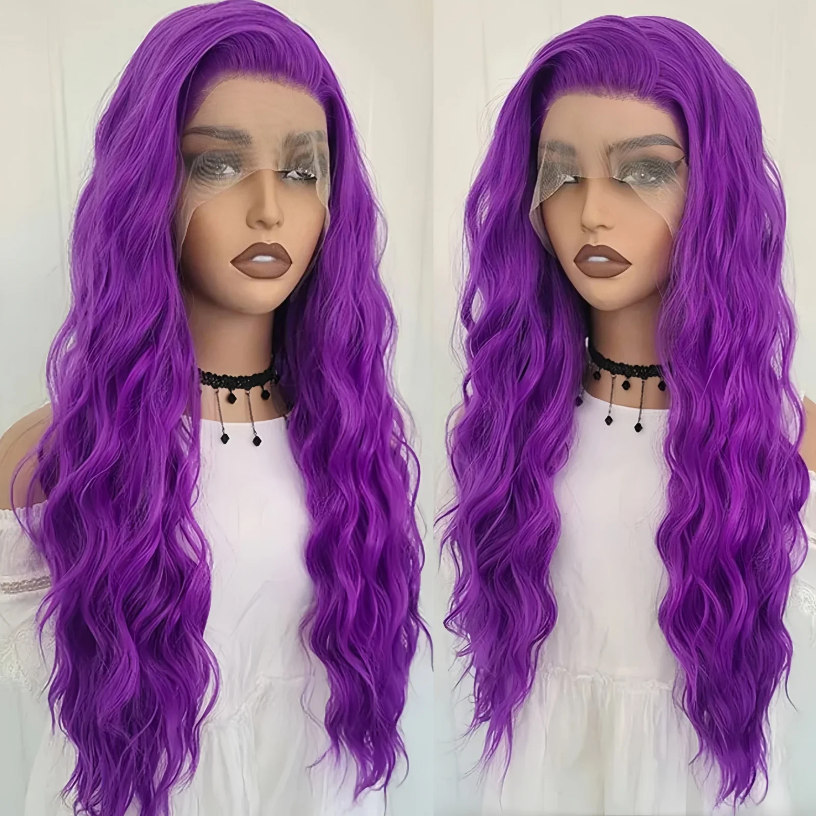 Purple Wig Deep Wave Synthetic Hair Long Curly Wavy Lace Front Wig Natural Colored Hair 13X4 Lace Frontal Wigs for Women Party