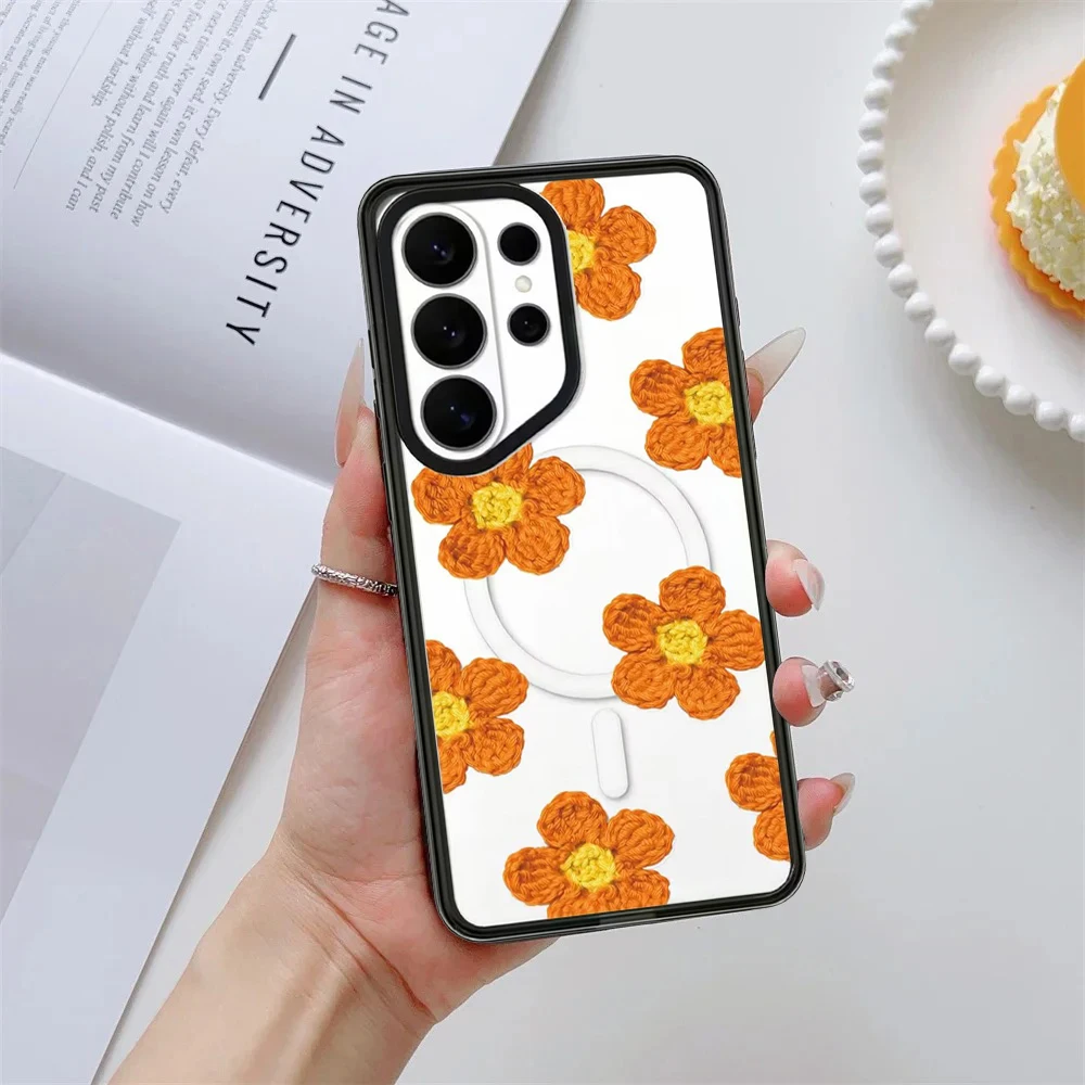 Orange Knitted Flower Acrylic Case for Samsung Galaxy S26 S25 S24 S23 Ultra S26U S24+ S25+ S26 Plus Protective Case