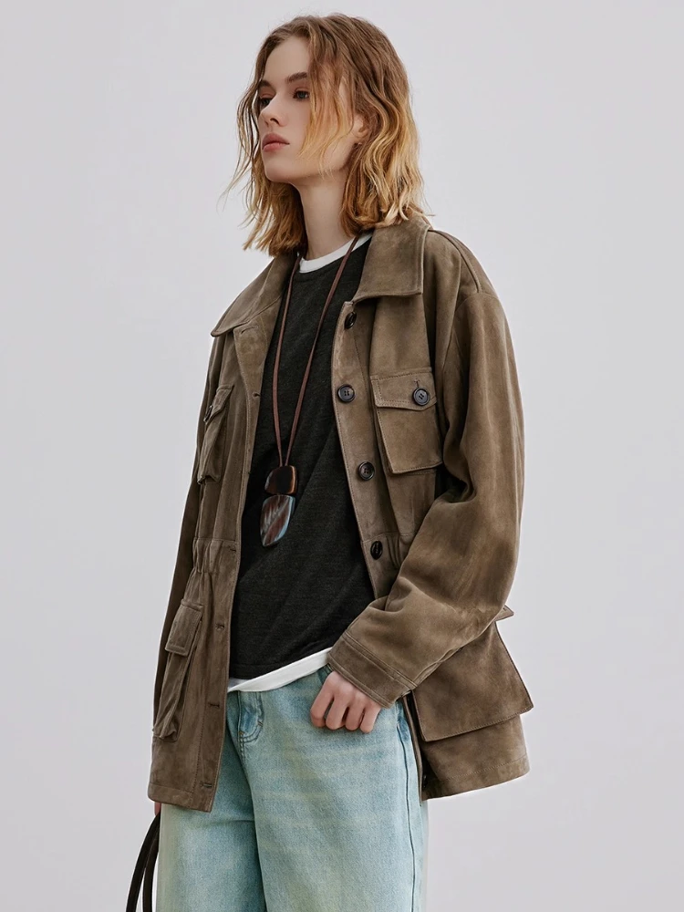 Damskie kurtki cargo vintage z prawdziwej skóry, jesienno-zimowe, eleganckie, proste, jednorzędowe, dopasowane płaszcze z prawdziwej skóry owczej z zamszu.